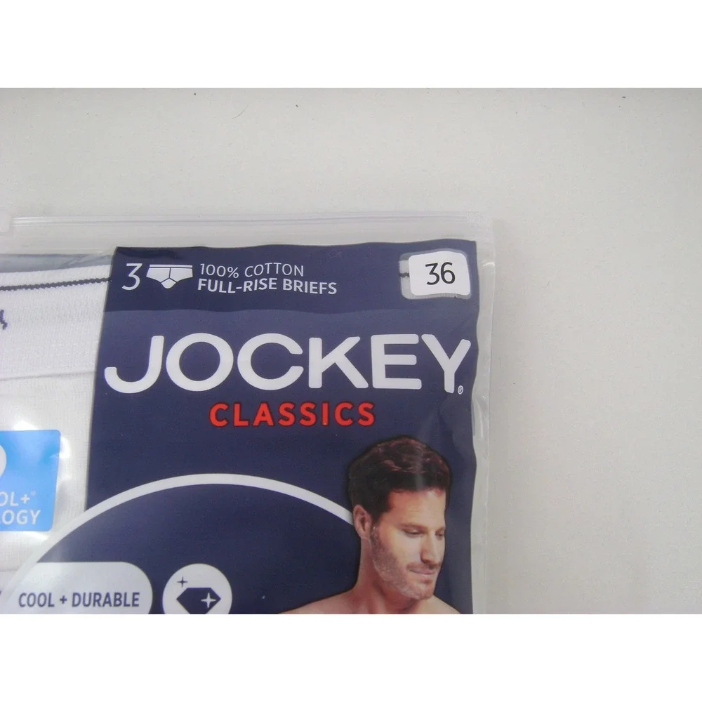 Jockey Classics Mens 3 Pack Full-Rise Briefs White 100% Cotton StayCool+ Size 36